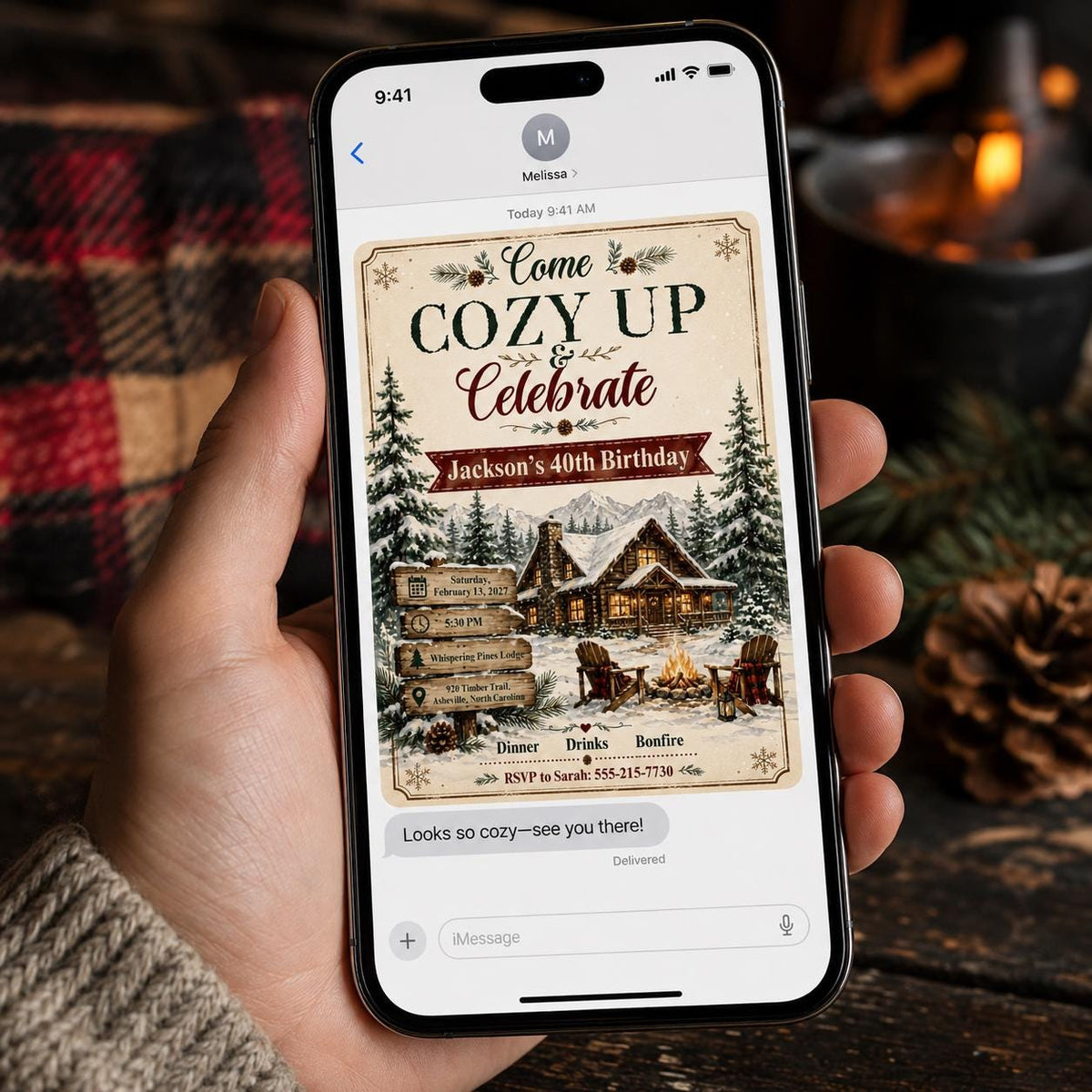 Rustic Cozy Winter 40th Birthday Invitation — invitation you personalize in Canva