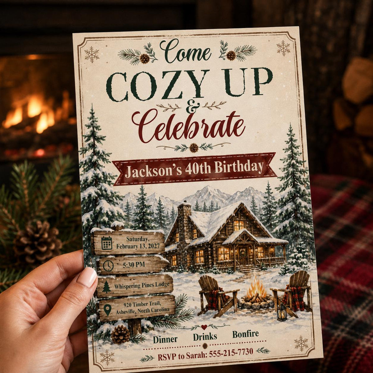 Rustic Cozy Winter 40th Birthday Invitation — print-ready 40th birthday party design from VoltBy