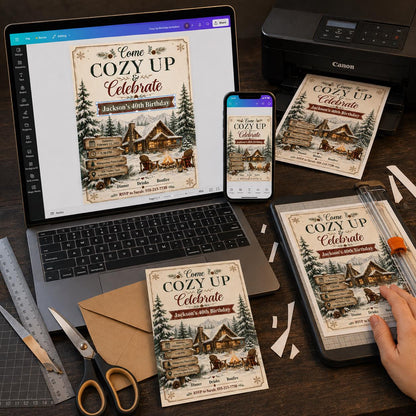 Rustic Cozy Winter 40th Birthday Invitation — digital invitation, instant download