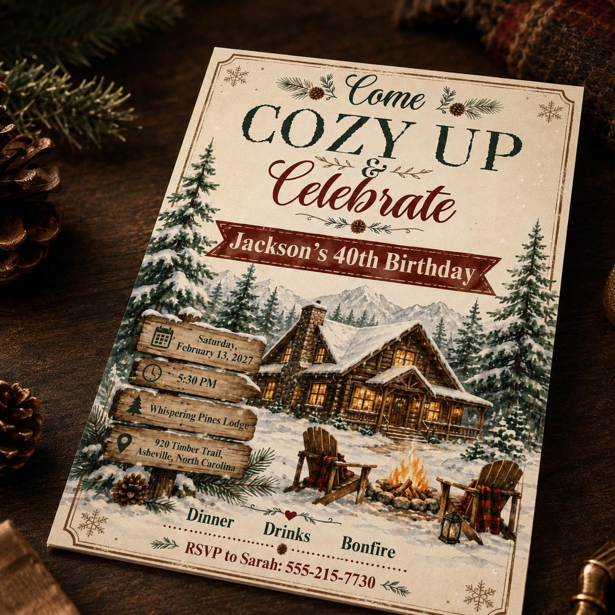 Rustic Cozy Winter 40th Birthday Invitation — 40th birthday party stationery by VoltBy