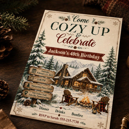 Rustic Cozy Winter 40th Birthday Invitation — 40th birthday party stationery by VoltBy