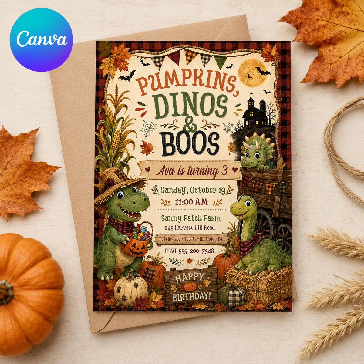 Rustic Dinosaur 3rd Birthday Invitation for Girls — editable Canva template