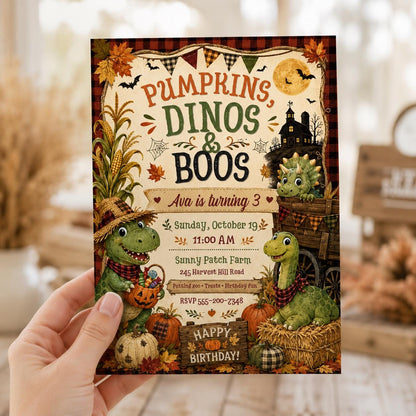 Rustic Dinosaur 3rd Birthday Invitation for Girls — farm design