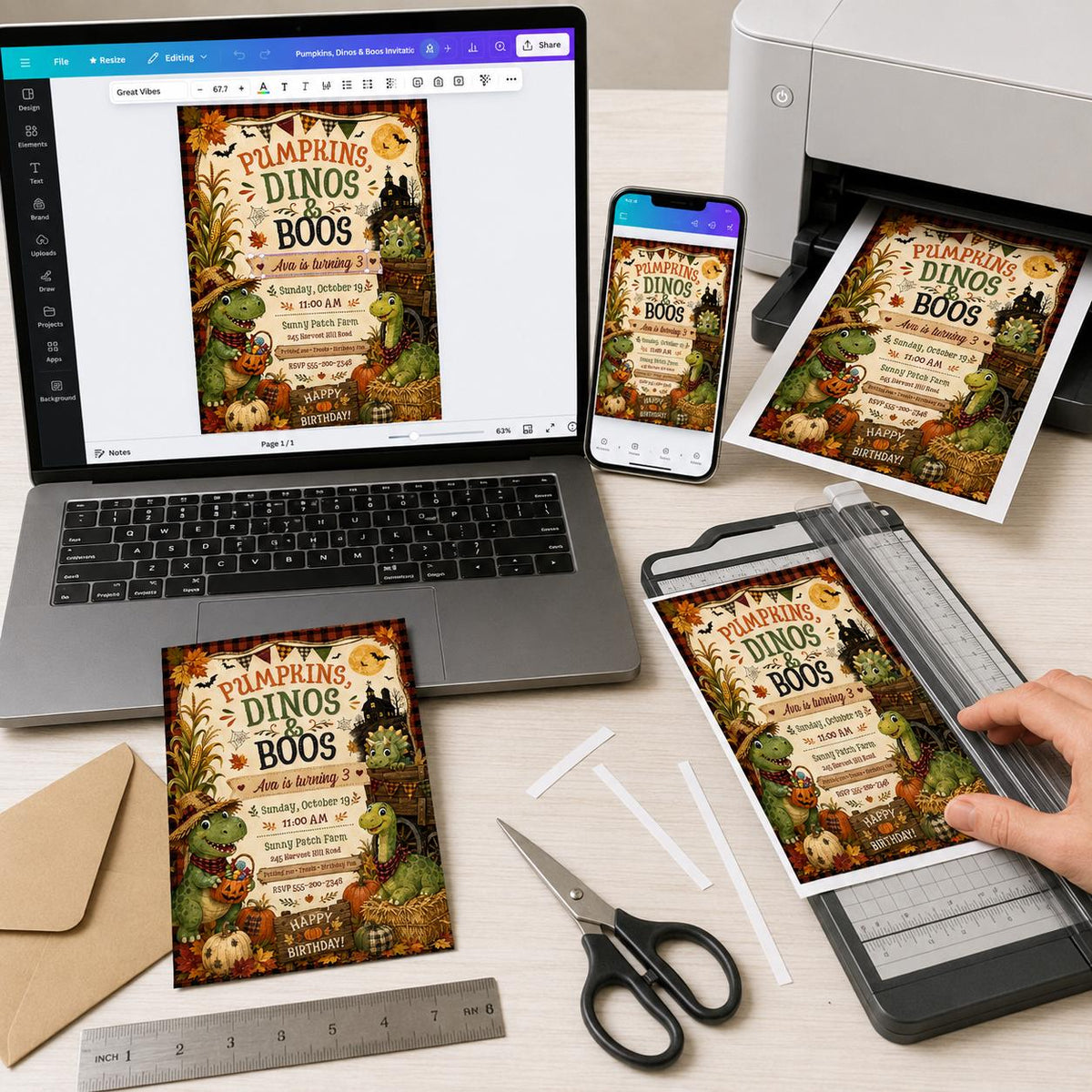 Rustic Dinosaur 3rd Birthday Invitation for Girls — invitation you personalize in Canva