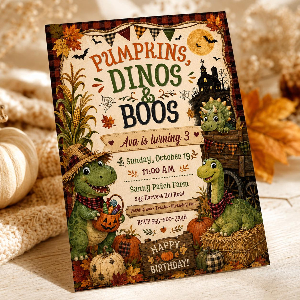 Rustic Dinosaur 3rd Birthday Invitation for Girls — print-ready 3rd birthday party design from VoltBy