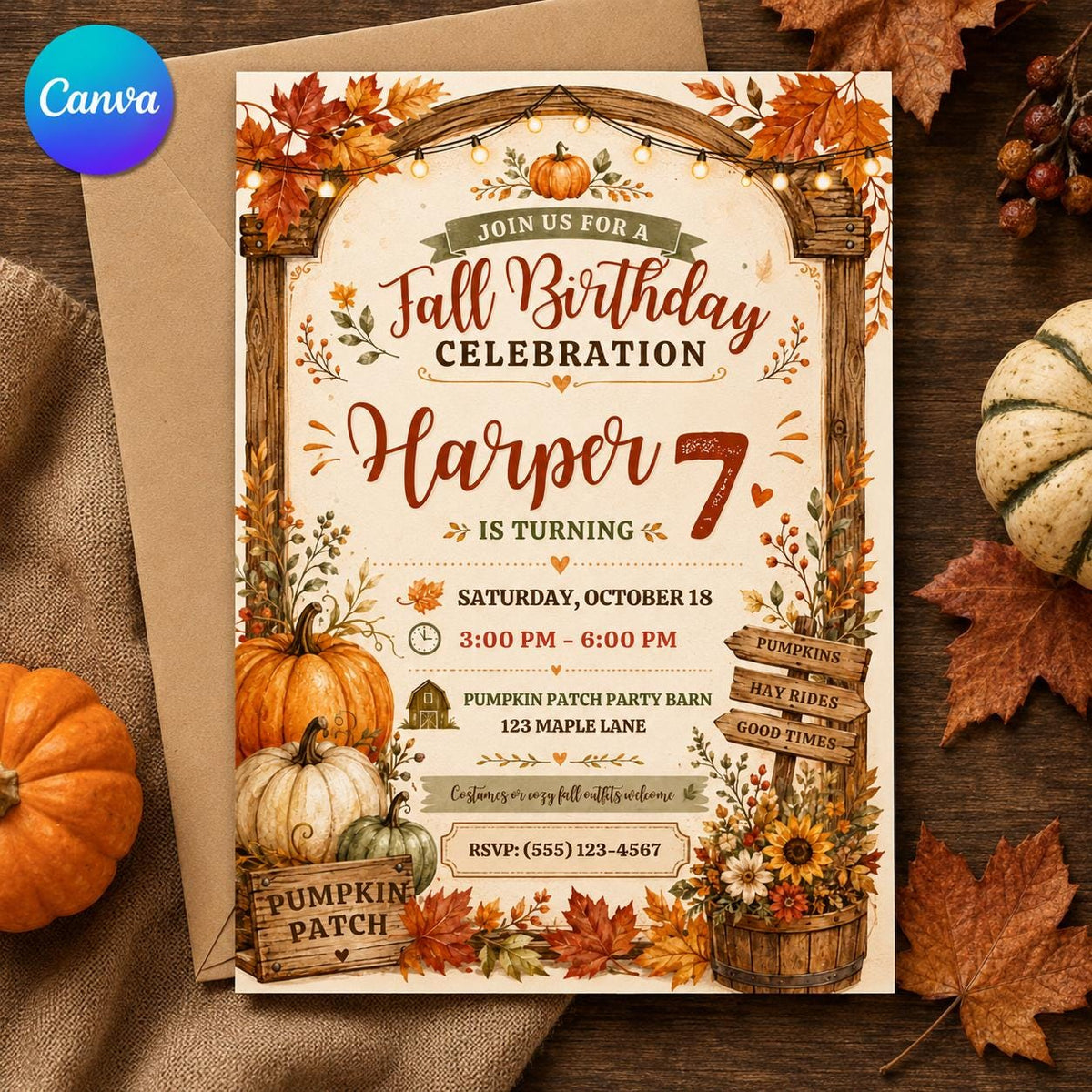 Rustic Fall 7th Birthday Invitation for Girls — editable Canva template