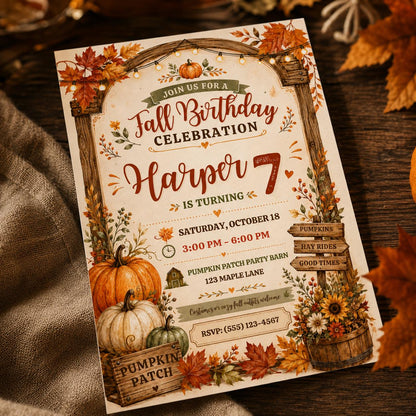 Rustic Fall 7th Birthday Invitation for Girls — pumpkin design