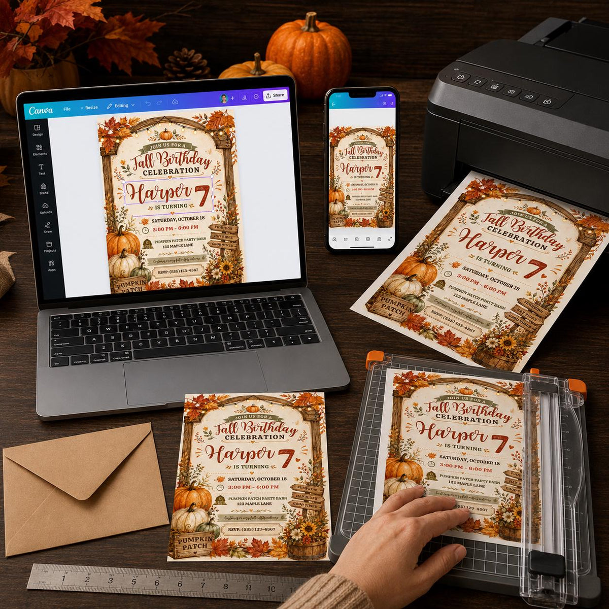 Rustic Fall 7th Birthday Invitation for Girls — invitation you personalize in Canva