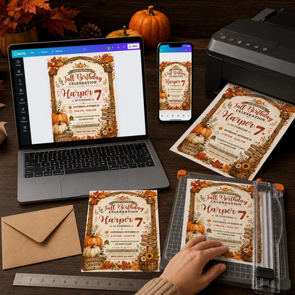 Rustic Fall 7th Birthday Invitation for Girls — invitation you personalize in Canva