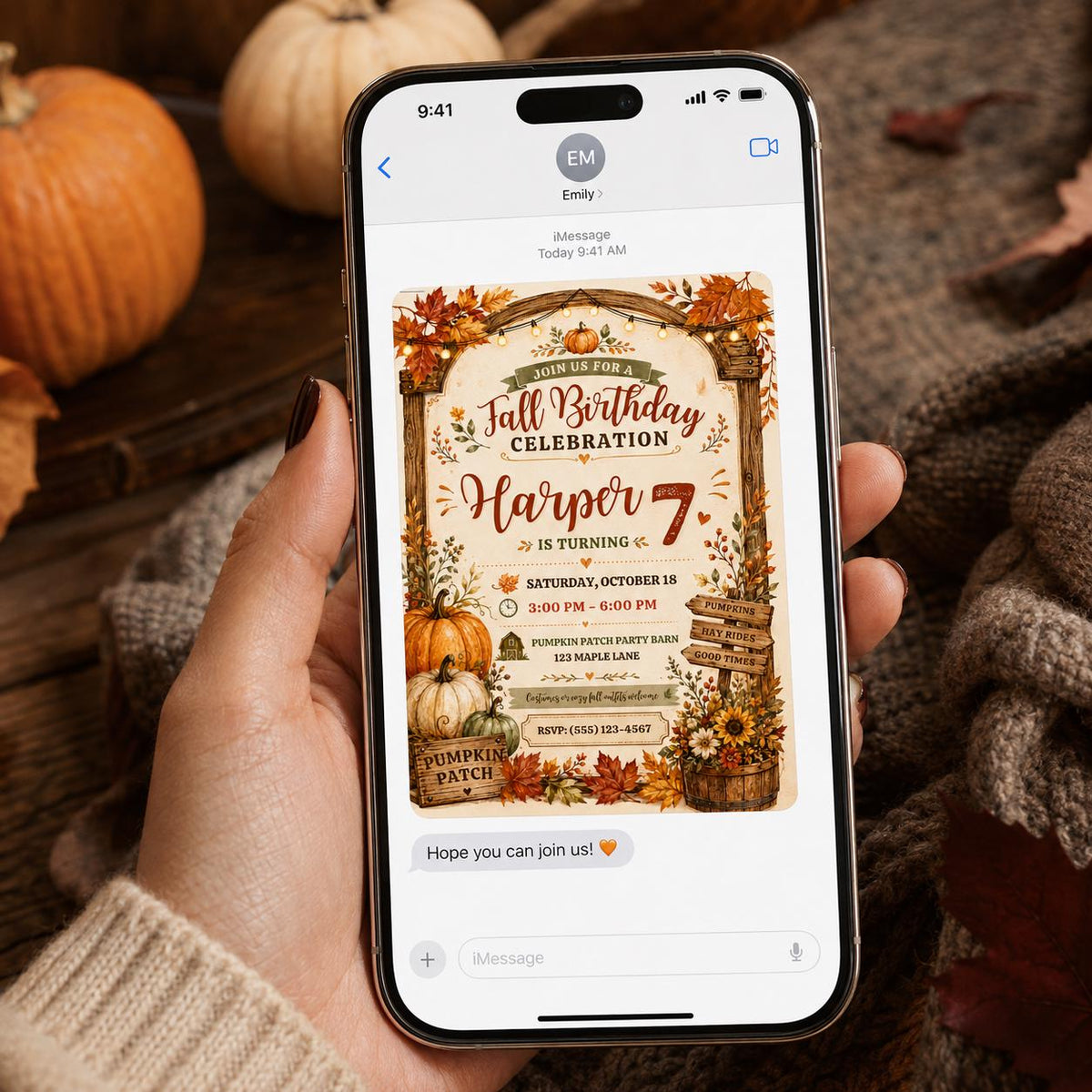 Rustic Fall 7th Birthday Invitation for Girls — print-ready 7th birthday party design from VoltBy