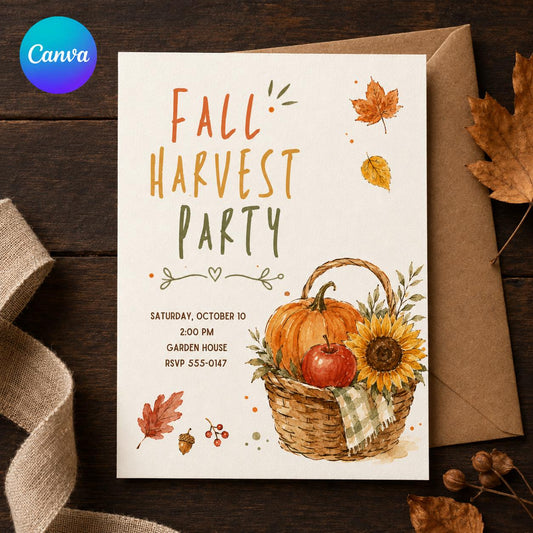 Rustic Fall Harvest Party Invitation — editable Canva template