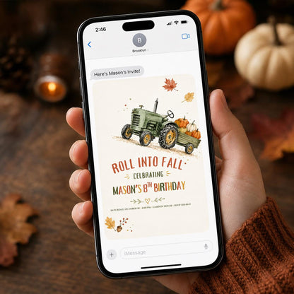 Rustic Fall Tractor 8th Birthday Invitation for Boys — farm and pumpkin design