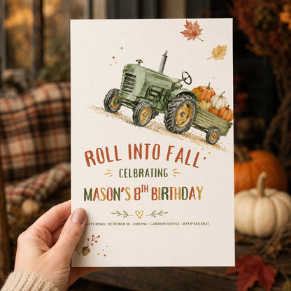 Rustic Fall Tractor 8th Birthday Invitation for Boys — invitation you personalize in Canva