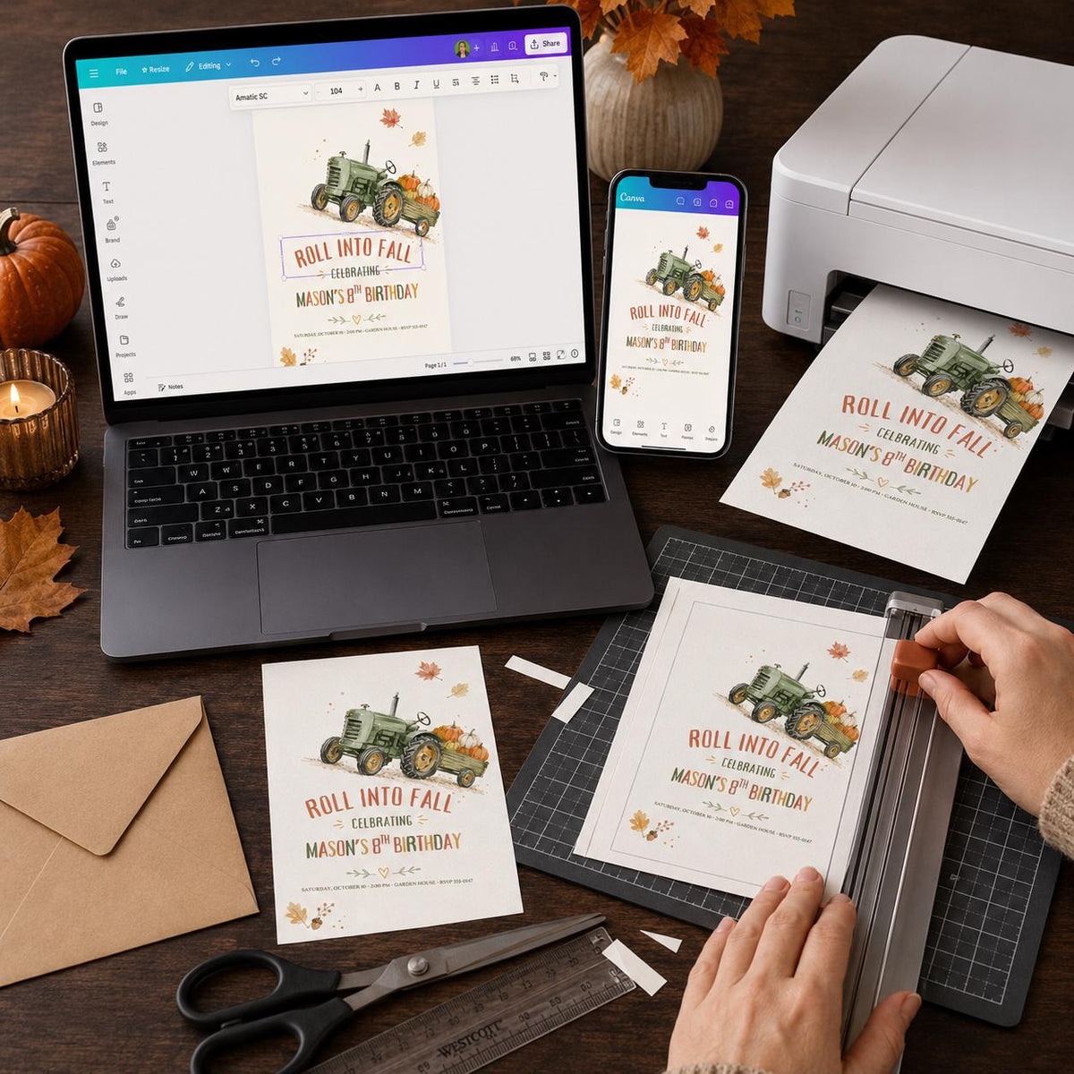 Rustic Fall Tractor 8th Birthday Invitation for Boys — print-ready 8th birthday party design from VoltBy