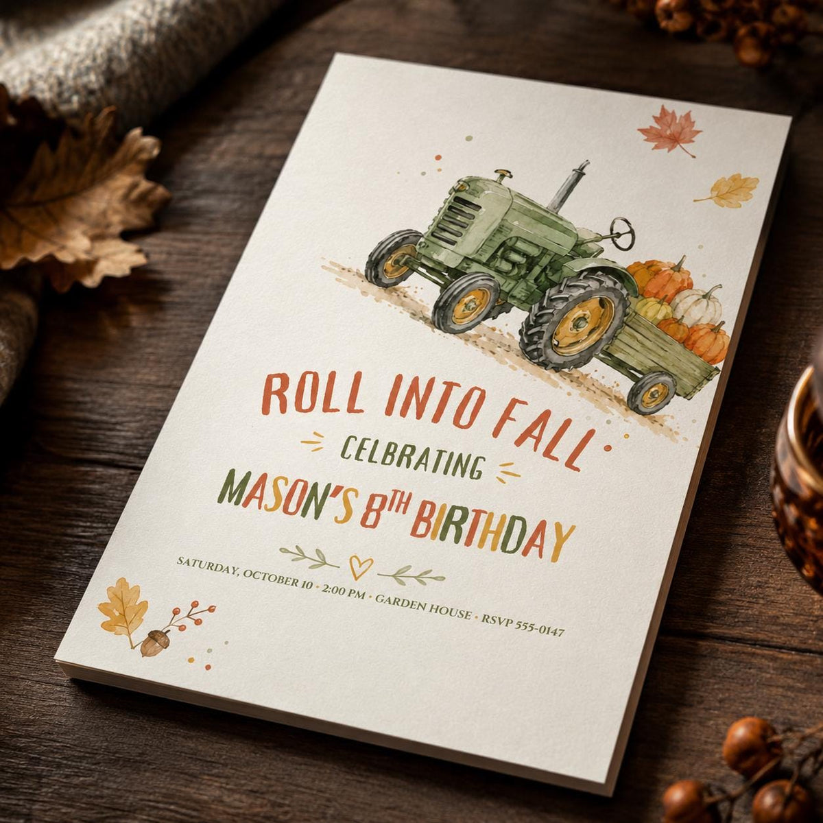Rustic Fall Tractor 8th Birthday Invitation for Boys — digital invitation, instant download