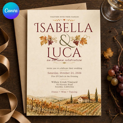 Rustic Fall Wedding Invitation: Autumn Vineyard Wedding — editable Canva template