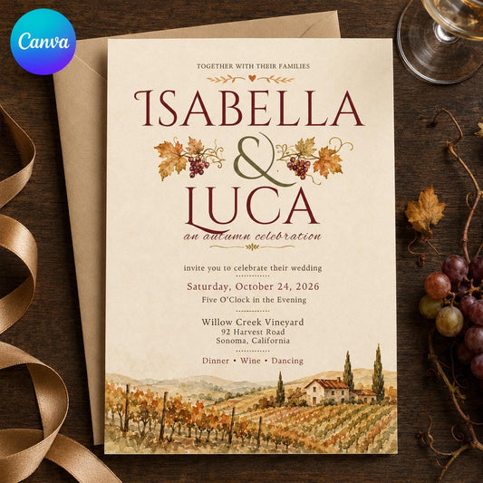 Rustic Fall Wedding Invitation: Autumn Vineyard Wedding — editable Canva template