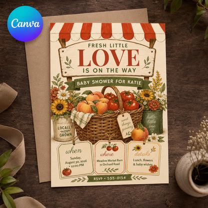 Rustic Farmers Market Baby Shower Invitation — editable Canva template