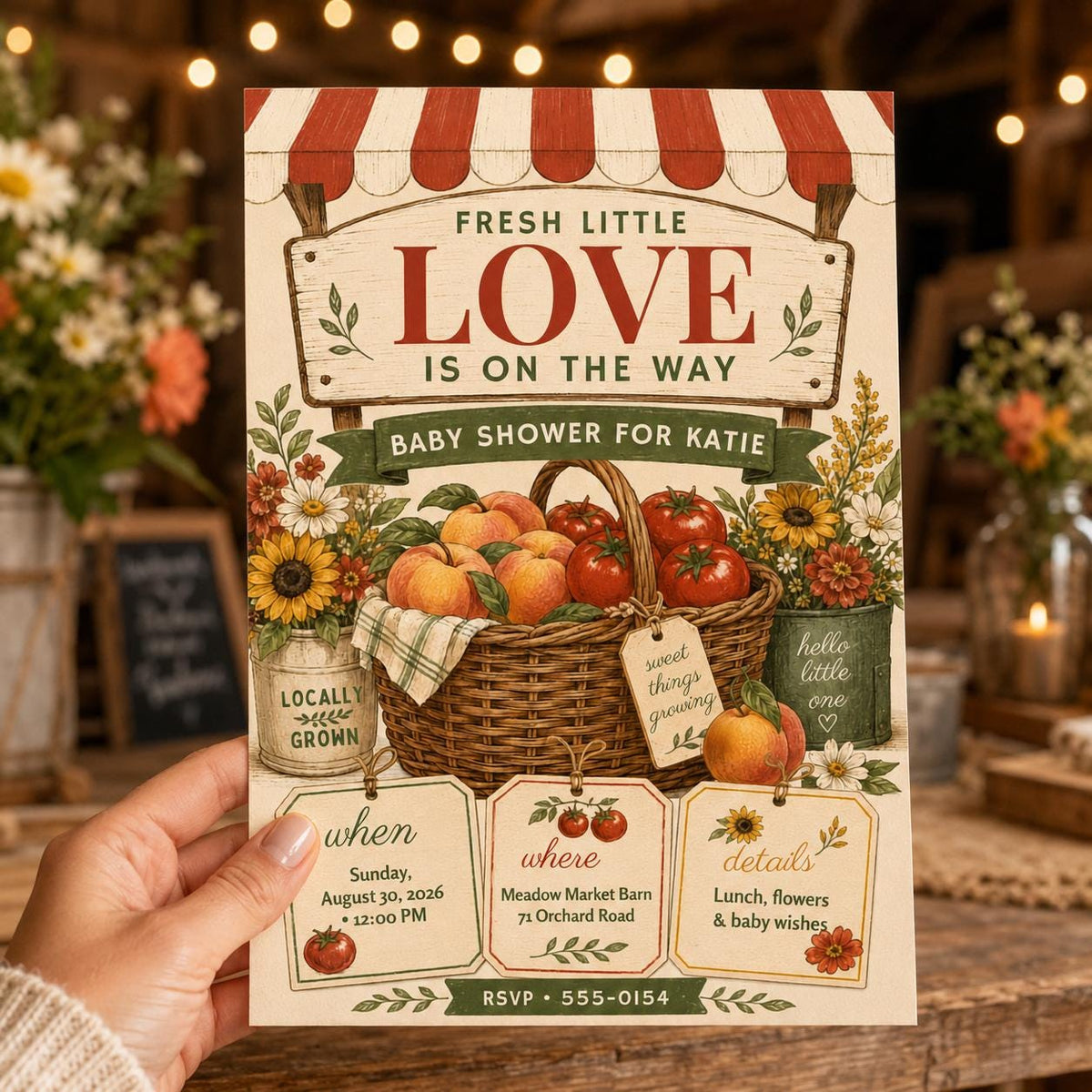 Rustic Farmers Market Baby Shower Invitation — invitation you personalize in Canva