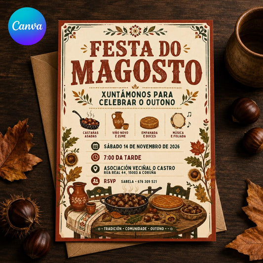 Rustic Festa do Magosto Invitation — editable Canva template