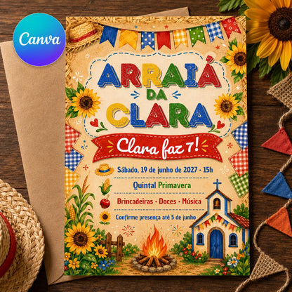 Rustic Festa Junina 7th Birthday Invitation — editable Canva template