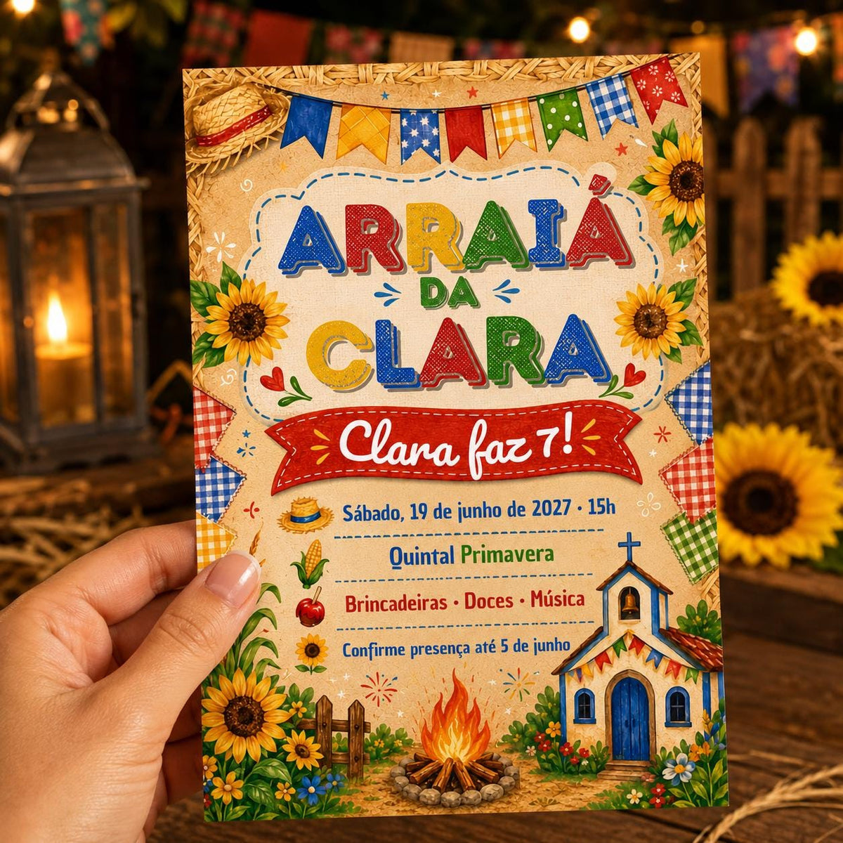 Rustic Festa Junina 7th Birthday Invitation — print-ready 7th birthday party design from VoltBy