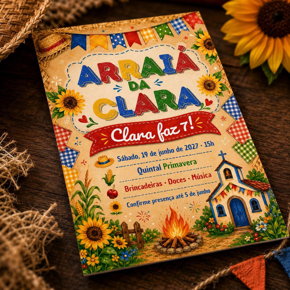 Rustic Festa Junina 7th Birthday Invitation — 7th birthday party stationery by VoltBy