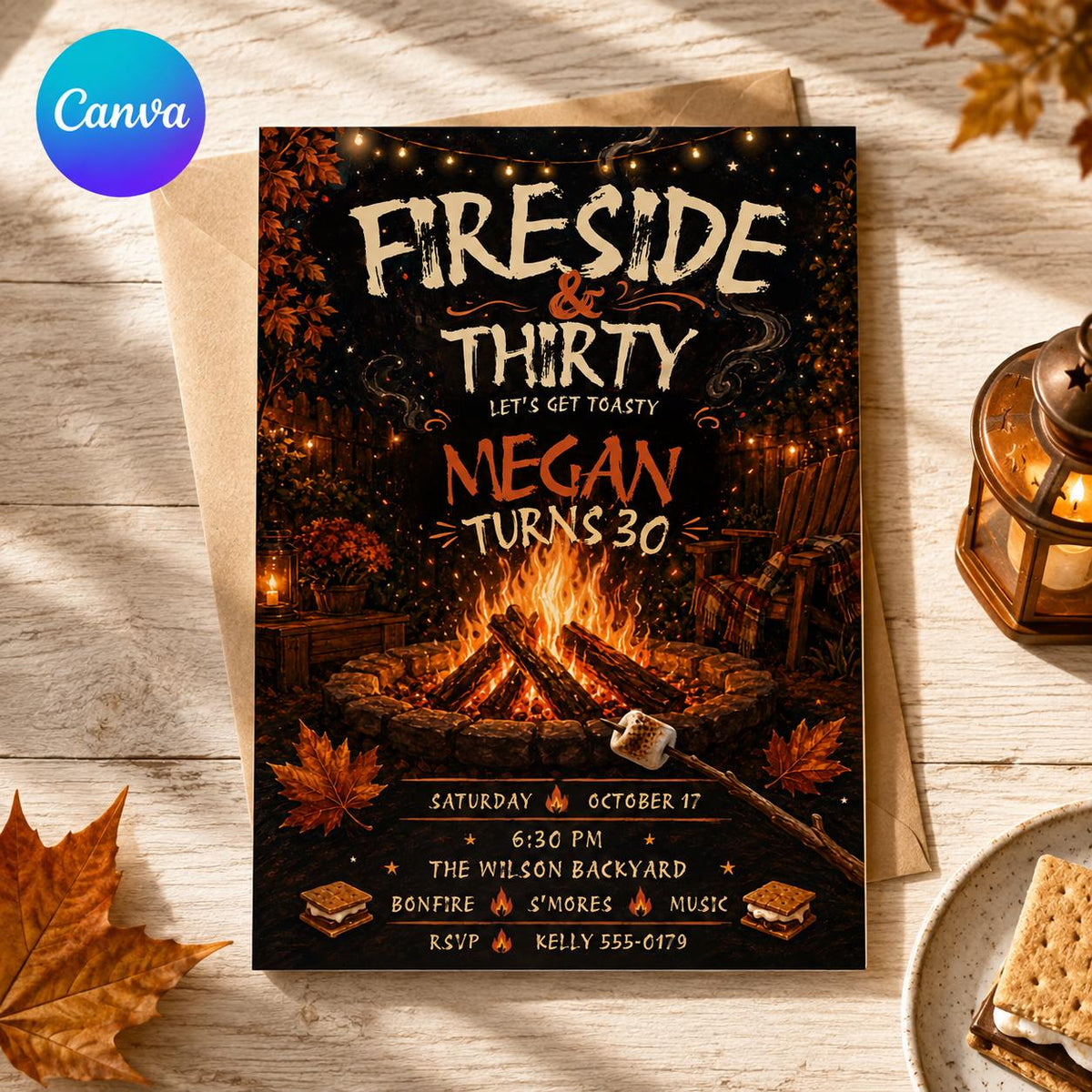 Rustic Fireside 30th Birthday Invitation — editable Canva template