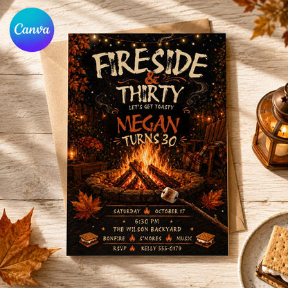 Rustic Fireside 30th Birthday Invitation — editable Canva template