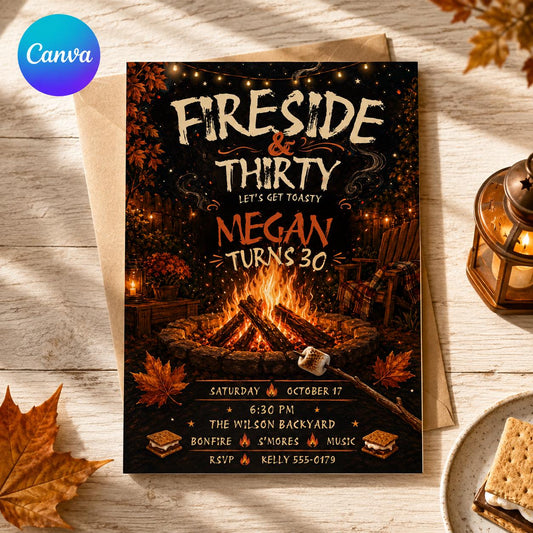 Rustic Fireside 30th Birthday Invitation — editable Canva template