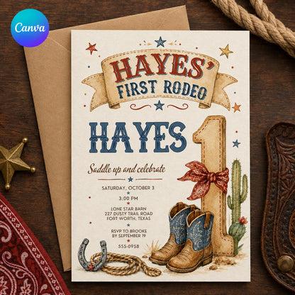 Rustic First Rodeo 1st Birthday Invitation for Boys — editable Canva template