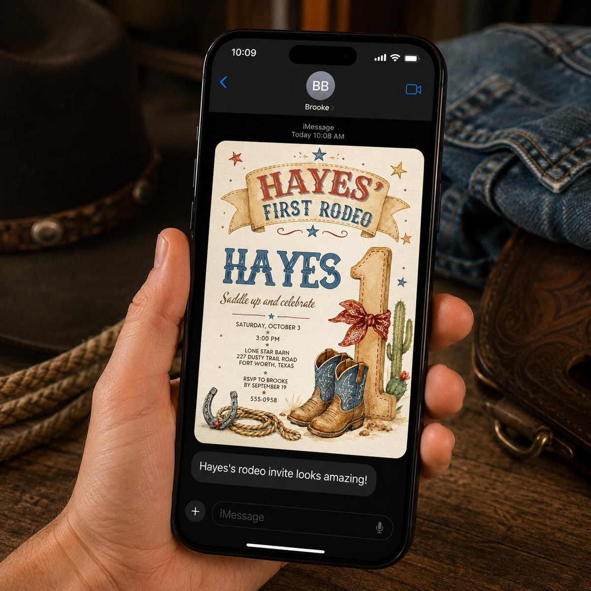 Rustic First Rodeo 1st Birthday Invitation for Boys — cowboy design