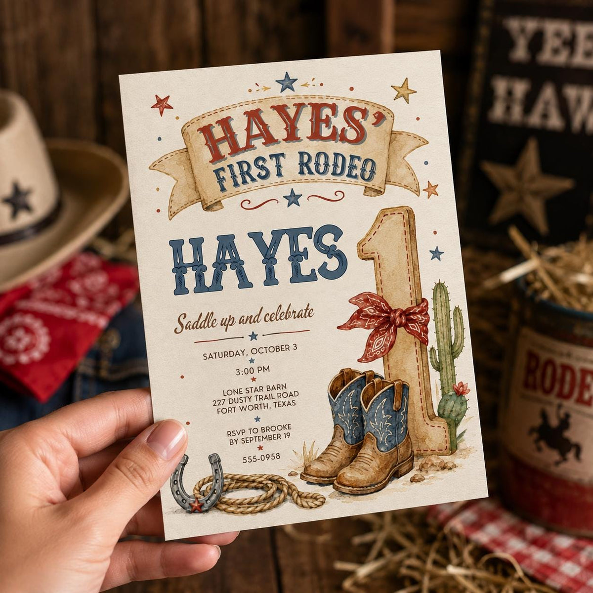 Rustic First Rodeo 1st Birthday Invitation for Boys — invitation you personalize in Canva
