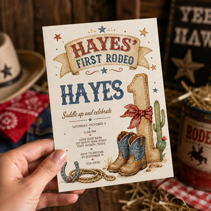 Rustic First Rodeo 1st Birthday Invitation for Boys — invitation you personalize in Canva