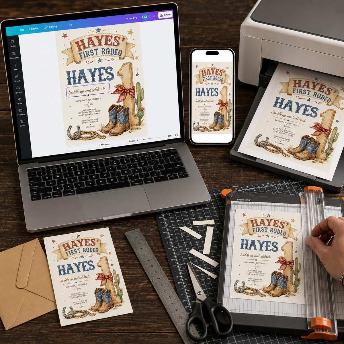 Rustic First Rodeo 1st Birthday Invitation for Boys — print-ready first birthday design from VoltBy