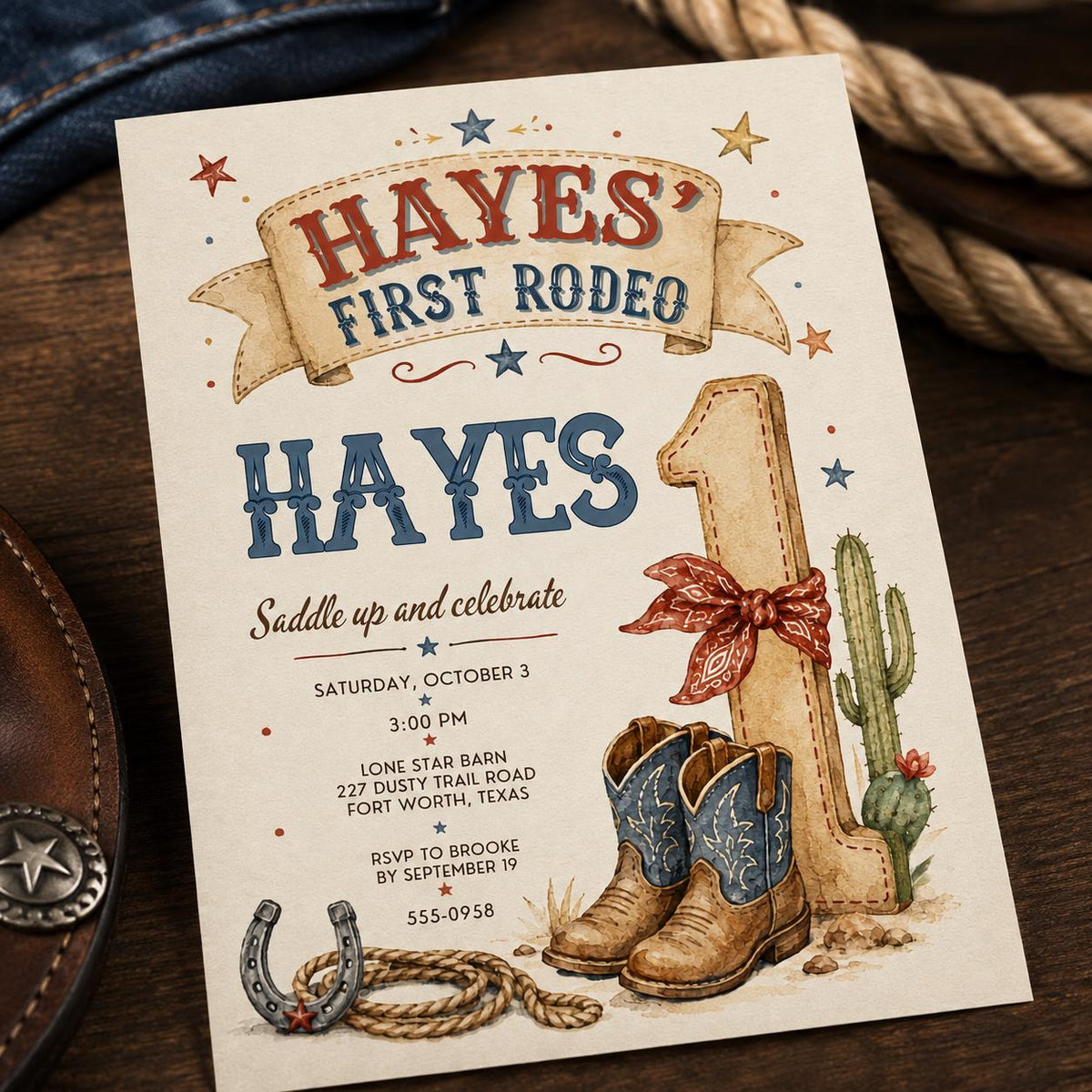 Rustic First Rodeo 1st Birthday Invitation for Boys — digital invitation, instant download