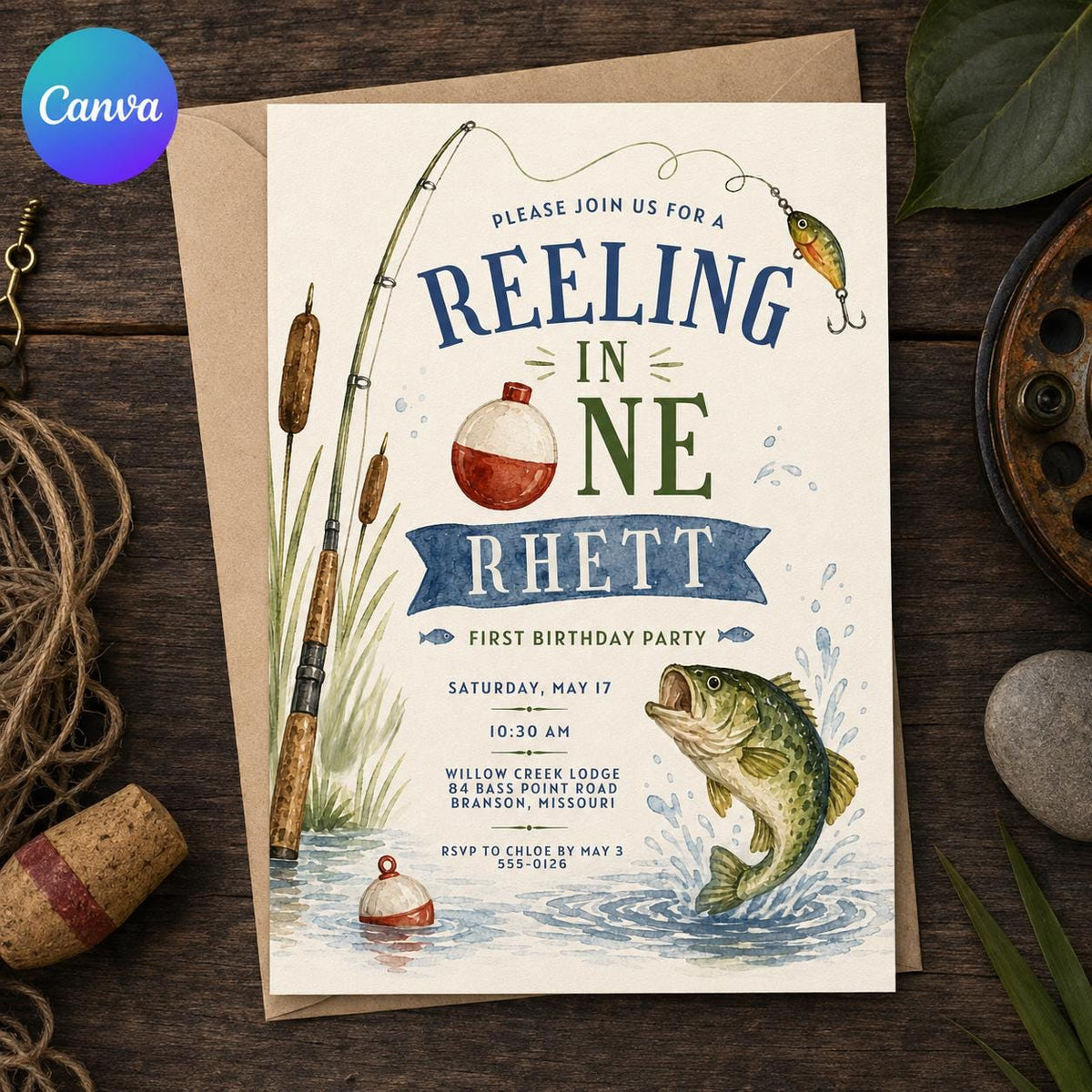 Rustic Fishing First Birthday Invitation for Boys — editable Canva template