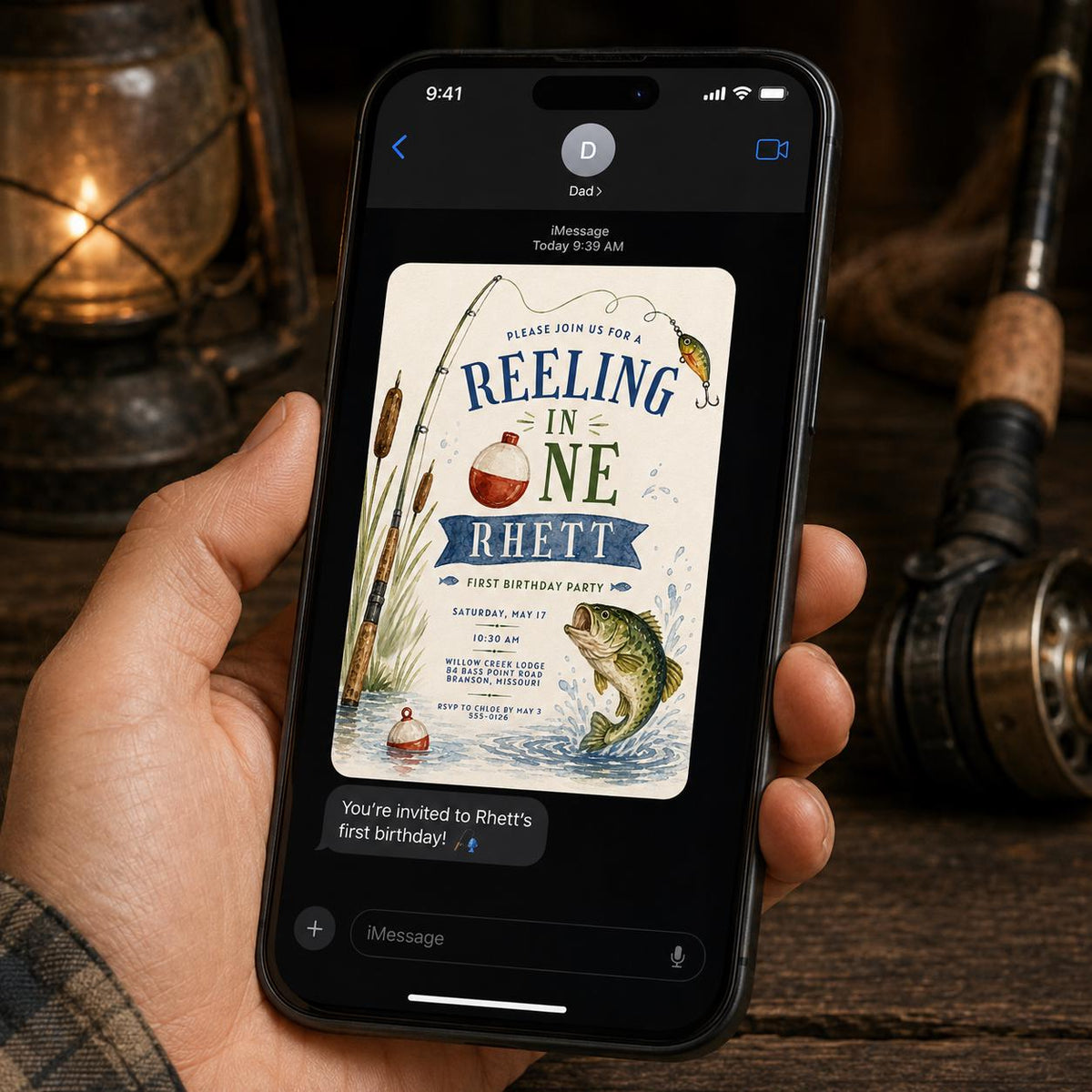 Rustic Fishing First Birthday Invitation for Boys — invitation you personalize in Canva