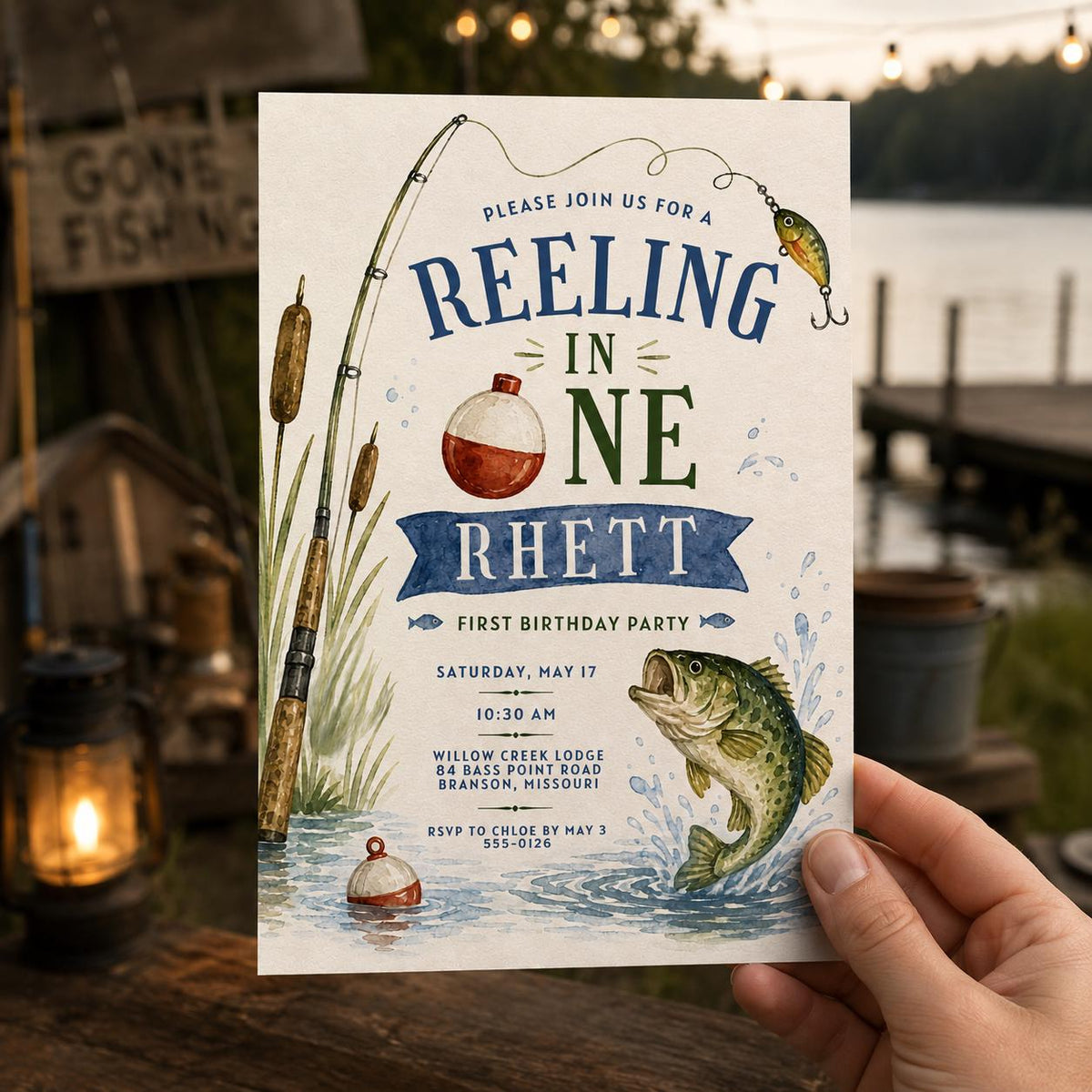 Rustic Fishing First Birthday Invitation for Boys — print-ready first birthday design from VoltBy