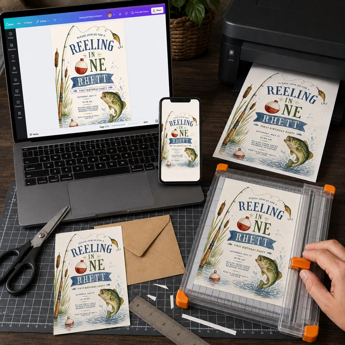 Rustic Fishing First Birthday Invitation for Boys — digital invitation, instant download