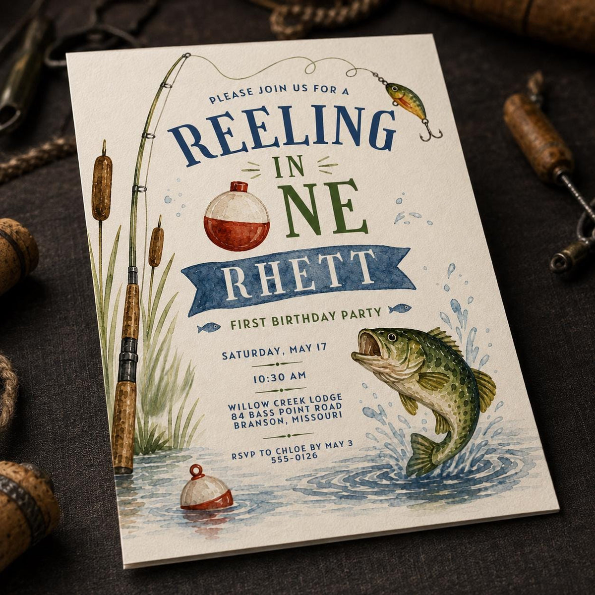 Rustic Fishing First Birthday Invitation for Boys — first birthday stationery by VoltBy