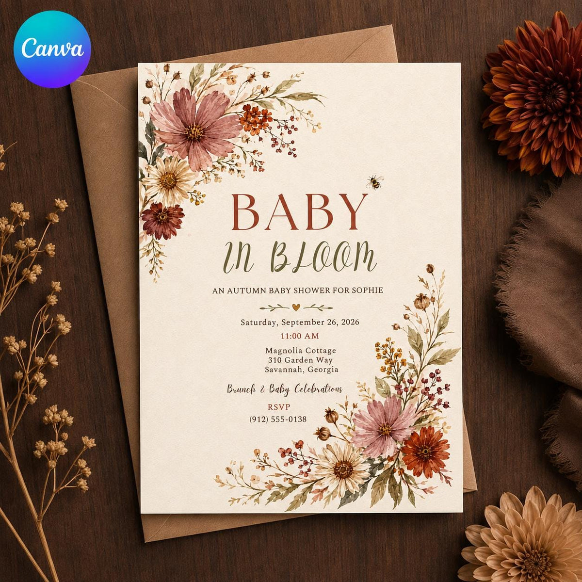 Rustic Floral Baby in Bloom Baby Shower Invitation — editable Canva template