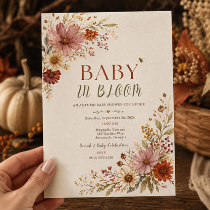 Rustic Floral Baby in Bloom Baby Shower Invitation — invitation you personalize in Canva