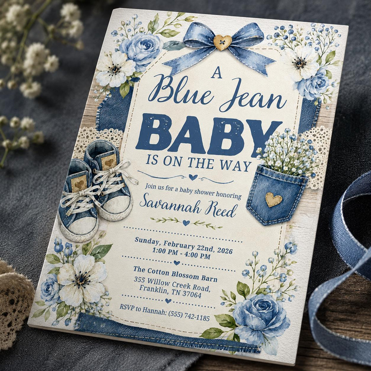Rustic Floral Blue Jean Baby Shower Invitation for Boys — cowboy and denim design