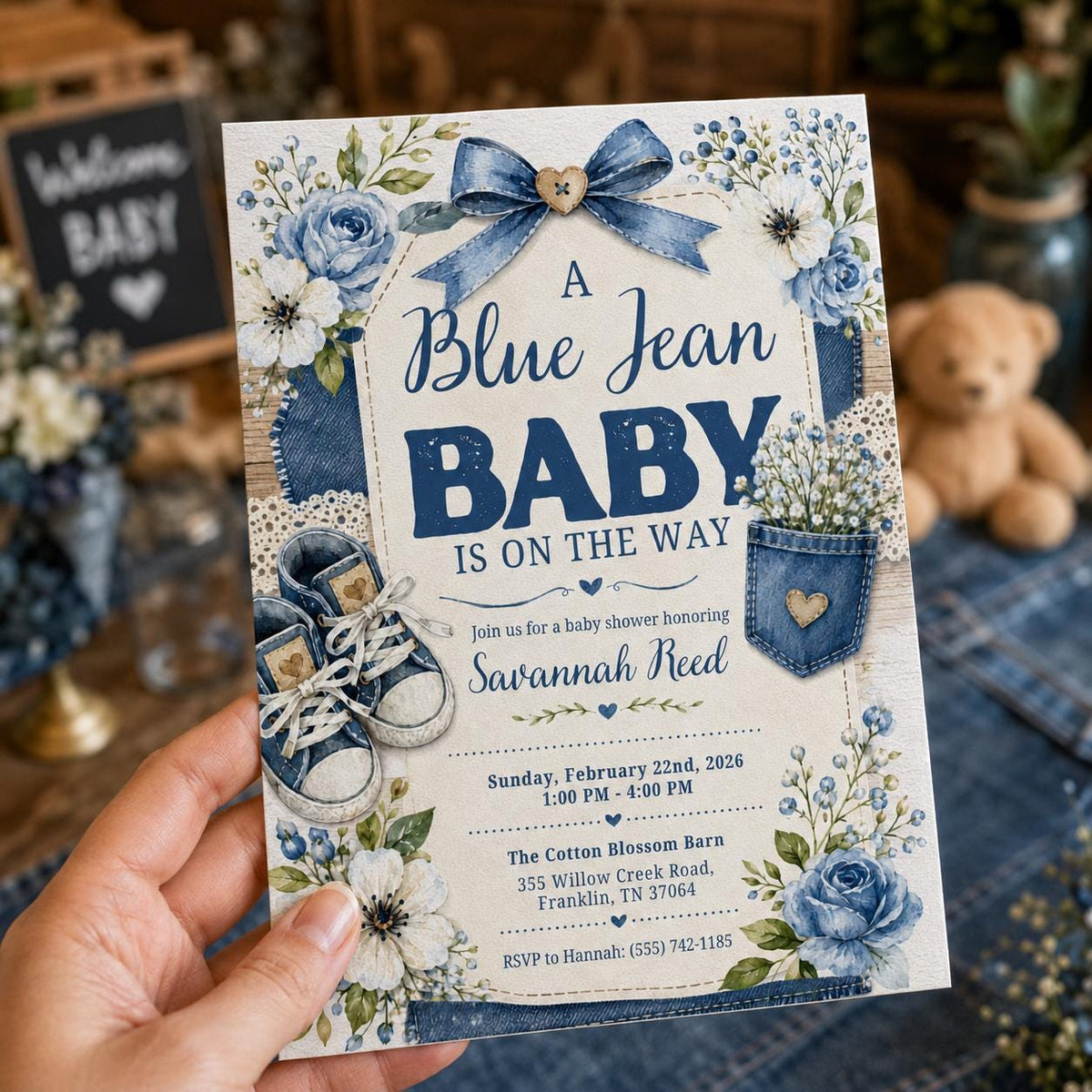 Rustic Floral Blue Jean Baby Shower Invitation for Boys — print-ready baby shower design from VoltBy