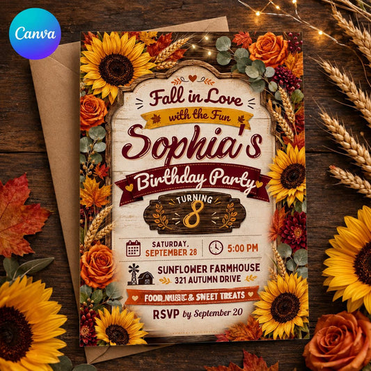 Rustic Floral Fall 8th Birthday Invitation for Girls — editable Canva template