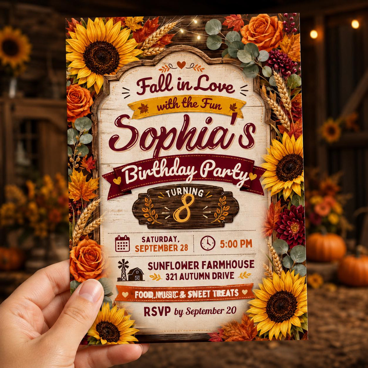 Rustic Floral Fall 8th Birthday Invitation for Girls — invitation you personalize in Canva