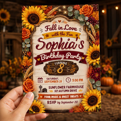 Rustic Floral Fall 8th Birthday Invitation for Girls — invitation you personalize in Canva