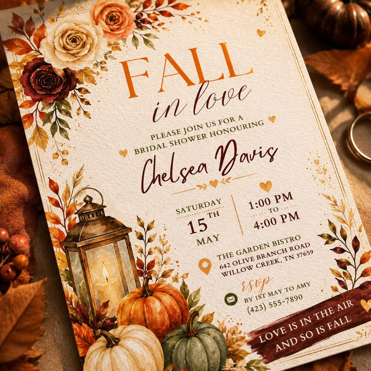 Rustic Floral Fall in Love Bridal Shower Invitation — lantern design