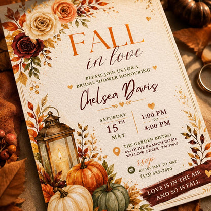 Rustic Floral Fall in Love Bridal Shower Invitation — lantern design